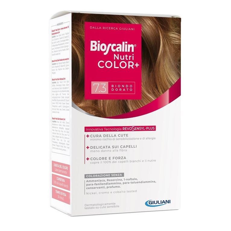 bioscalin nutricolor plus 7,3 biondo dorato crema colorante40 ml + rivelatore crema 60 ml + shampoo 12 ml + trattamentofinale balsamo 12 ml