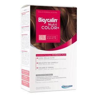 BIOSCALIN NUTRICOLOR PLUS 4,3 CASTANO DORATO CREMA COLORANTE40 ML + RIVELATORE CREMA 60 ML + SHAMPOO 12 ML + TRATTAMENTO FINALE BALSAMO 12 ML