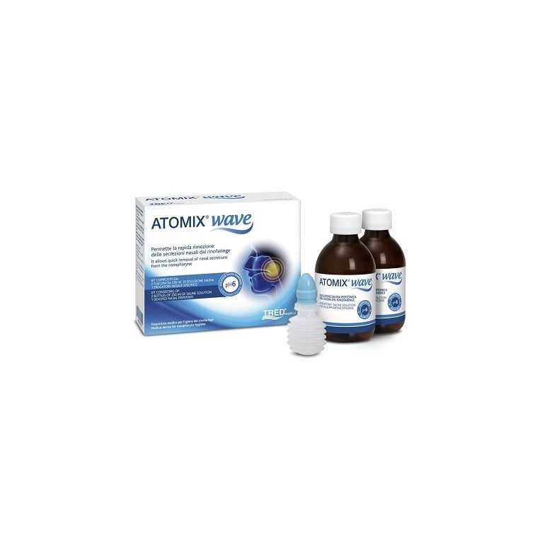 atomix wave dispositivo per igiene rinofaringea atomix soluzione salina 250 ml 2 pezzi + terminale nasale + erogatore asoffietto