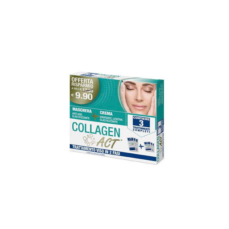 collagen act trattamento viso 2 fasi maschera anti age elasticizzante 3 pezzi da 15 ml + crema idratante lenitiva elasticizzante 3 pezzi da 5 ml