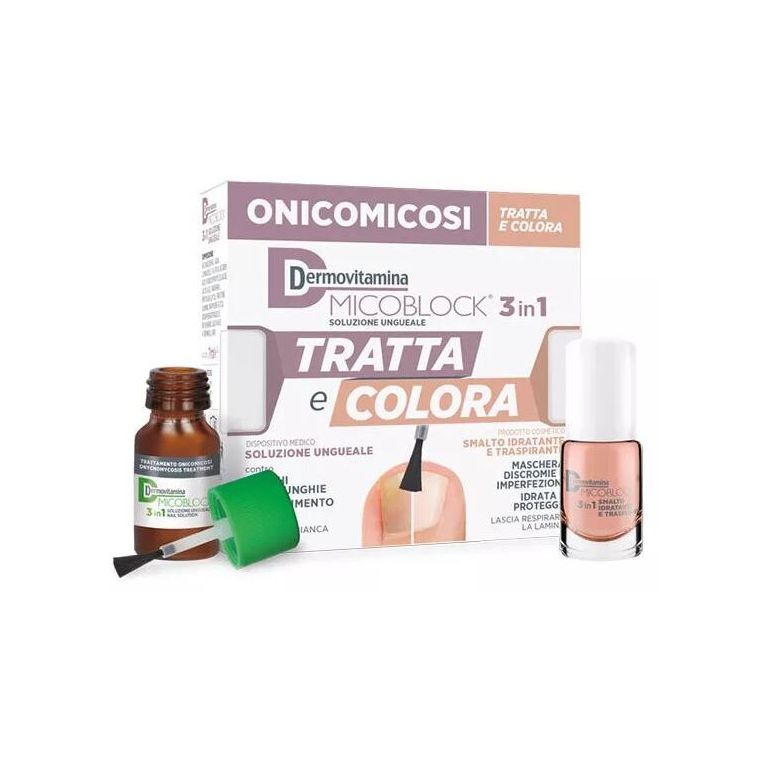 dermovitamina micoblock 3 in 1 tratta e colora soluzione ungueale 7 ml + smalto idratante traspirante 5 ml