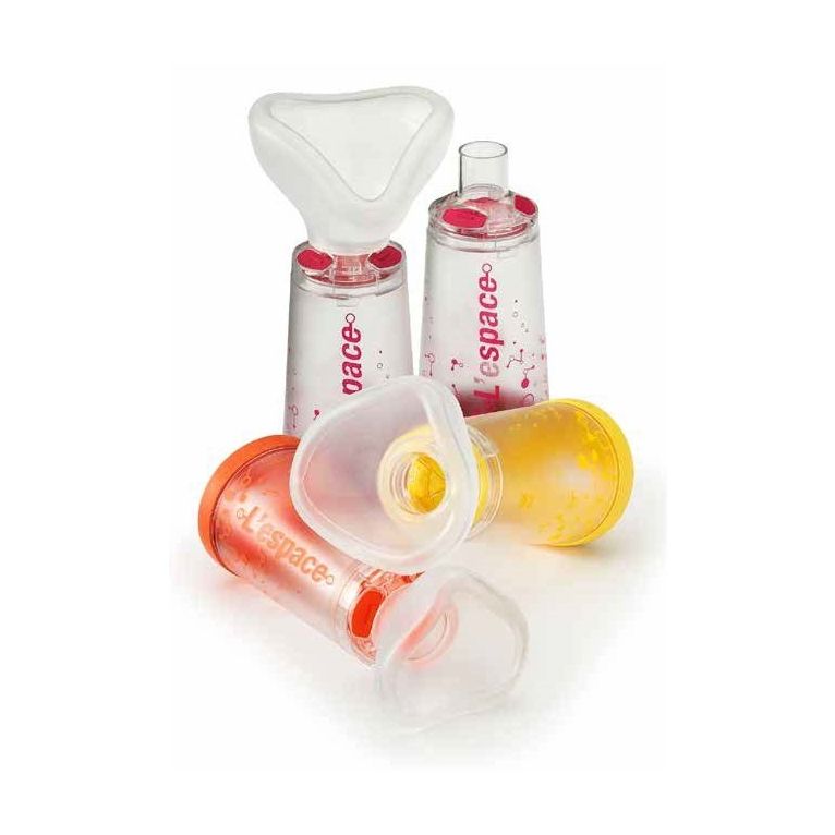 camera distanziatrice per erogatori spray predosati l'espace220ml pediatrico spazio morto 49ml con maschera valvola inspirazione 2 valvole espirazione codice colore giallo