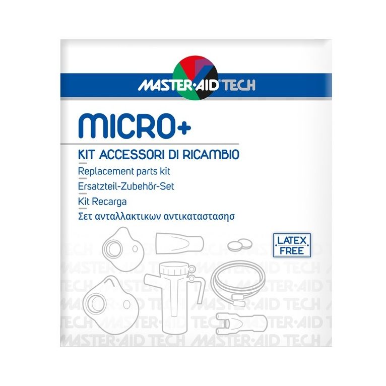 master aid tech micro+ kit accessori di ricambio: ampolla +maschera adulti + maschera bambini + 2 filtri aria + boccaglio + forcella nasale + tubo raccordo pvc