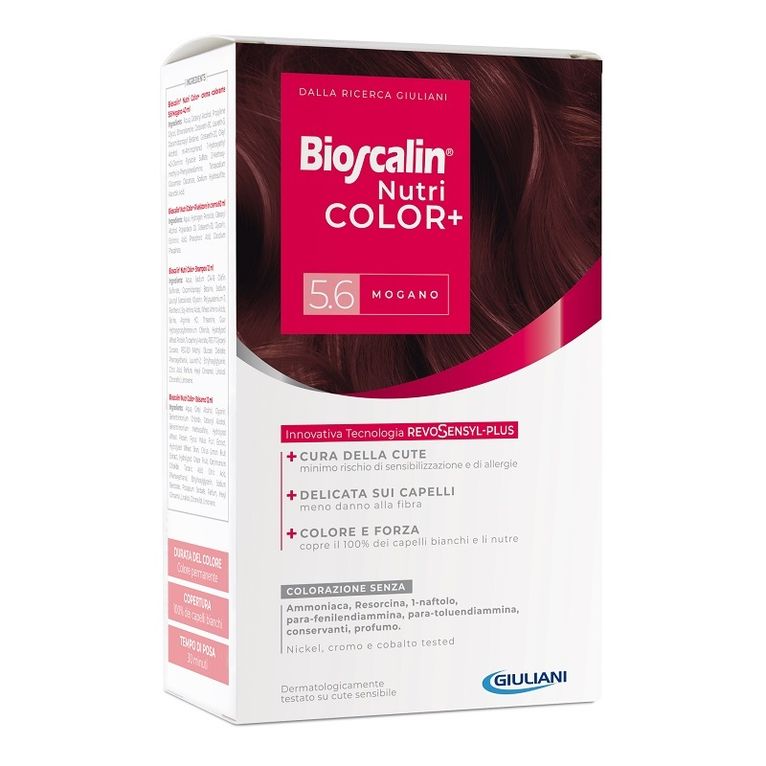 bioscalin nutricolor plus 5,6 mogano crema colorante 40 ml +rivelatore crema 60 ml + shampoo 12 ml + trattamento finalebalsamo 12 ml